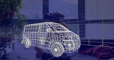 Evde VR kulaklık takan bir kadının üzerine 3 boyutlu teknik bir minibüs çizimi. teknoloji, tasarım ve dijital arayüz kavramı dijital olarak oluşturulmuş görüntü.