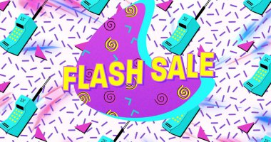 Mor pankarttaki flaş satışı metni telefon simgelerine karşı beyaz arkaplanda pürüzsüz desenli. satış indirimi ve perakende iş konsepti