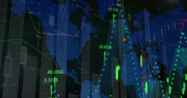 İstatistiklerin ve sayıların resmi, dünya haritası üzerinde finansal veri işleme. küresel finansman, iş dünyası, dijital arayüz ve dijital olarak üretilen görüntü konsepti.