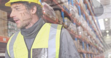 Depoda çalışanların veri işleme görüntüsü. küresel sevkiyat, dağıtım ve bağlantılar konsepti dijital olarak oluşturuldu.