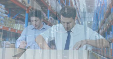 Depoda çalışan adamların istatistik ve mali veri işleme görüntüleri. küresel gönderim ve bağlantılar konsepti dijital olarak oluşturulmuş görüntü.