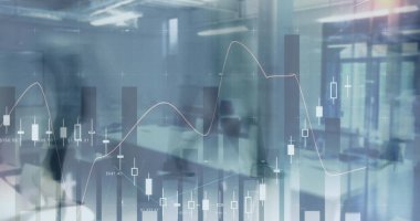 Ofiste yürüyen iş adamlarının finansal veri işleme görüntüsü. küresel finans, iş ve dijital arayüz kavramı dijital olarak oluşturulmuş görüntü.