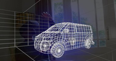 Evde VR kulaklık takan bir adamın üzerine 3 boyutlu teknik bir minibüs çizimi. teknoloji, tasarım ve dijital arayüz kavramı dijital olarak oluşturulmuş görüntü.