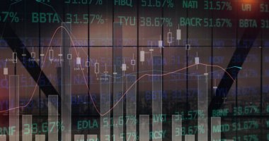Finansal veri işleme ve şehir manzarası istatistikleri. küresel finans, iş ve dijital arayüz kavramı dijital olarak oluşturulmuş görüntü.