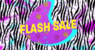 Beyaz arkaplanda zebra çizgileri üzerindeki mor pankarttaki flaş satışı metninin dijital görüntüsü. satış indirimi ve perakende iş konsepti