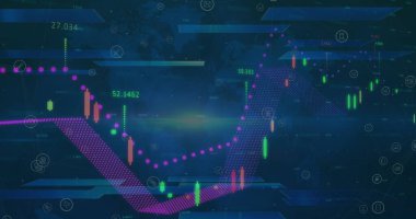 Image of statistics and data processing on blue background. global business, digital interface and technology concept digitally generated image.
