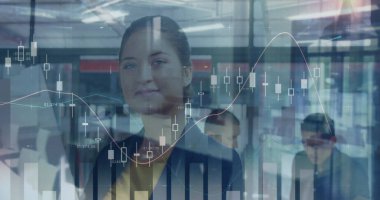 Ofisteki iş adamları üzerinde finansal veri işleme resmi. küresel finans, iş ve dijital arayüz kavramı dijital olarak oluşturulmuş görüntü.