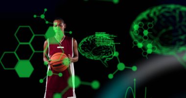 Top tutan kadın basketbolcunun dijital beyin ve veri işleme görüntüsü. global spor, fitness ve veri işleme konsepti dijital olarak oluşturulmuş görüntü.
