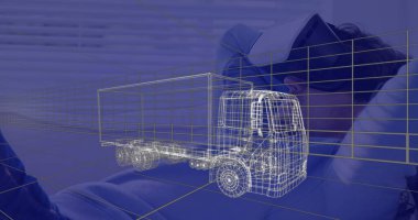 Evde VR kulaklık takan bir adamın üzerine 3 boyutlu teknik bir kamyon çizimi. teknoloji, tasarım ve dijital arayüz kavramı dijital olarak oluşturulmuş görüntü.
