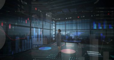 İstatistik ve mali veri işleme görüntüsü. küresel finansman, iş dünyası, dijital arayüz ve dijital olarak üretilen görüntü konsepti.