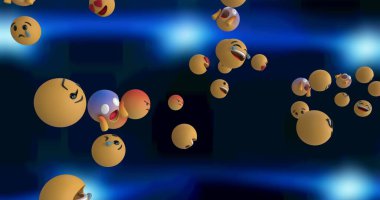 Sosyal medya simgeleri mavi arka planda uçuşuyor. küresel sosyal medya, bağlantılar, iletişim ve teknoloji konsepti dijital olarak oluşturulmuş görüntü.