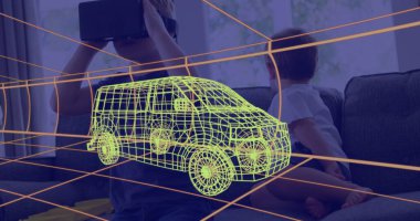 Evde VR kulaklık takan bir çocuğun üzerine 3 boyutlu teknik bir minibüs çizimi. teknoloji, tasarım ve dijital arayüz kavramı dijital olarak oluşturulmuş görüntü.