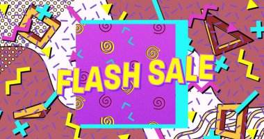 Mor pankarttaki flaş satışı metni beyaz arkaplanda soyut renkli şekillere karşı. satış indirimi ve perakende iş konsepti