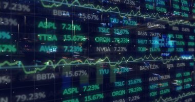 Şehir manzarası üzerinde finansal veri işleme resmi. küresel finansman, iş ve veri işleme kavramı dijital olarak oluşturulmuş görüntü.