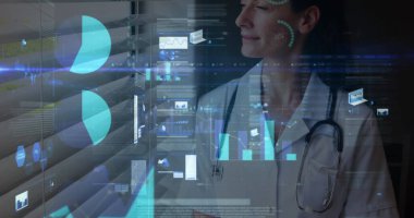 Kadın doktorların istatistik ve veri işleme görüntüleri. küresel tıp, sağlık hizmetleri, dijital arayüz ve teknoloji konsepti dijital olarak oluşturulmuş görüntü.