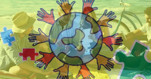 Mutlu oyun oynayan çocuklar üzerinde logo renkli yapboz parçaları olan bir dünya görüntüsü. otizm, öğrenme güçlüğü, destek ve farkındalık kavramı dijital olarak oluşturulmuş görüntü.