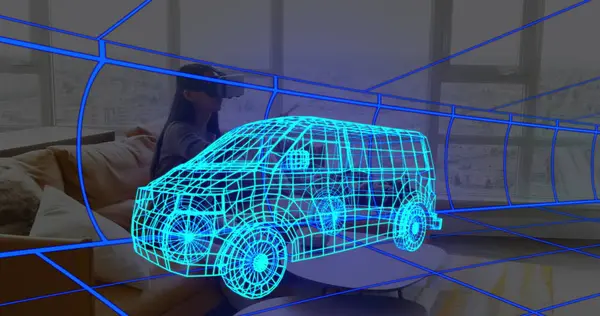 Evde VR kulaklık takan bir kadının üzerine 3 boyutlu teknik bir minibüs çizimi. teknoloji, tasarım ve dijital arayüz kavramı dijital olarak oluşturulmuş görüntü.