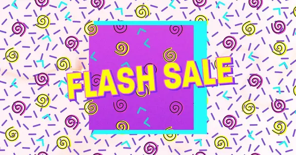 Mor pankarttaki flaş satışı metni beyaz arkaplanda soyut renkli şekillere karşı. satış indirimi ve perakende iş konsepti