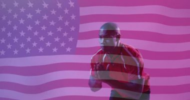 Amerikan bayrağının animasyonu, atlet canlı renklerde performans sergiliyor. Vatanseverlik, spor, atletizm, kutlama, enerji, rekabet