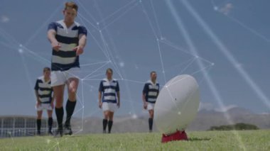 Dijital ağ bağlantıları olan futbol oyuncuları animasyonu örtüyor. Futbol, teknoloji, yenilik, dijital dönüşüm, takım çalışması, iletişim