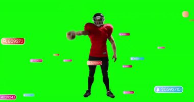 Yüzen veri etiketleriyle çevrili, kırmızı forma giyen Amerikalı futbolcu. Spor, atlet, takım çalışması, rekabet, güç, eylem