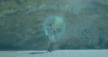 Sırt çantalı gezgin dijital ağ ve veri işleme animasyonunda yürüyor. Teknoloji, yenilik, ağ oluşturma, yürüyüş, macera, keşif