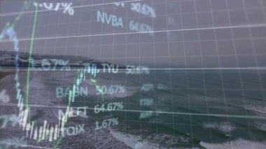 Okyanus dalgaları ve kıyı şeridi üzerindeki borsa veri ve grafiklerinin animasyonu. Finans, yatırım, analitik, teknoloji, veri görselleştirme, doğa