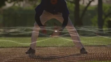 Beyzbol oyuncusu dijital veri animasyonu ile yakalamaya hazırlanıyor. Spor, atlet, rekabet, teknoloji, yenilik, strateji