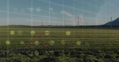 Yeşil tarımsal alandaki rüzgar türbinleri üzerinde grafik ve veri animasyonu. Yenilenebilir, enerji, sürdürülebilir, teknoloji, çevre, analitik
