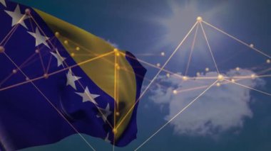 Mavi gökyüzü üzerinde ağ animasyonuyla Bosna-Hersek bayrağı sallıyor. Milliyetçilik, vatanseverlik, bağlantı, küreselleşme, dijital, teknoloji