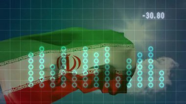 Dijital veri ve grafiklerin animasyonuyla dalgalanan İran bayrağı, rakamları gösteriyor. Maliye, analitik, teknoloji, istatistik, ekonomi, bilgi