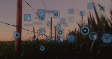 Dikenli tellerle tarımsal alan üzerinde dijital veri işleme animasyonu. Tarım, teknoloji, yenilik, analitik, tarım, kırsal