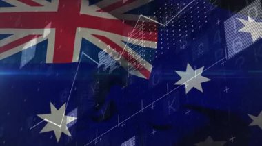 Avustralya bayrağını çevreleyen dijital veri ve grafikler animasyon efektleriyle dolu. Ekonomi, analitik, teknoloji, finans, küreselleşme, iş