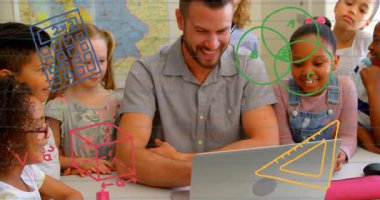 Okulda, öğretmenlerin ve çeşitli öğrencilerin şekillerle matematik öğrenmelerinin animasyonu. Eğitim, sınıf, öğretim, matematik, çeşitlilik, animasyon