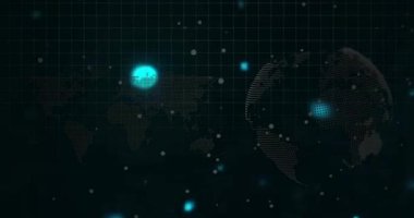 Parlayan mavi noktalar ve ızgara desenli dijital dünya haritasının animasyonu. Global, network, futuristik, teknoloji, siber uzay, bağlantı