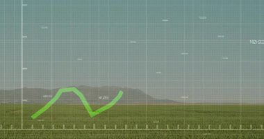 Yeşil çizgi grafik animasyonu, arka planda dağlar olan çimenli bir arazide. Finans, büyüme, ekoloji, ilerleme, doğa, çevre