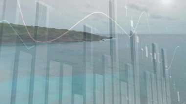 Finansal grafikleri ve veri işleme animasyonları olan kıyı manzarası. Finans, teknoloji, yenilik, analiz, ilerleme, dijital