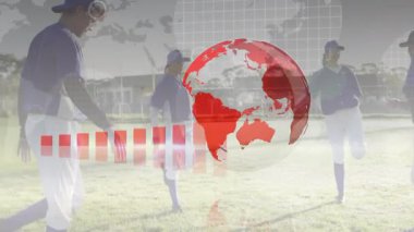 Beyzbol oyuncuları küresel finansal veri animasyonu ile sahada pratik yapıyorlar. Spor, takım çalışması, teknoloji, finans, analitik, strateji