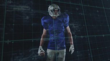 Futbol oynuyor, arka planda dijital animasyon sistemi olan Amerikalı oyuncu. Sporcu, spor, teknoloji, hareket, dinamik, gridiron