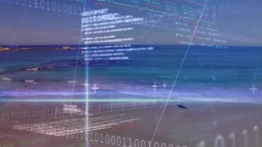 Günbatımı arkaplanlı sakin okyanus manzarası üzerinde finansal verileri ve grafikleri canlandırmak. Finans, yatırım, analiz, veri görselleştirme, sükunet, dinginlik