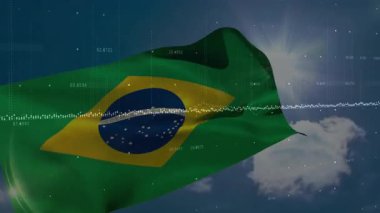 Brezilya bayrağı gökyüzü arka planında finansal veri işleme animasyonu ile dalgalanıyor. Ekonomi, finans, analiz, teknoloji, yatırım, istatistik