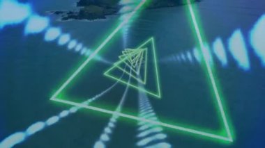 Okyanus manzarası üzerinde geometrik üçgen animasyonu olan tropik bir ada. Doğa, deniz manzarası, geometri, okyanus, tasarım.