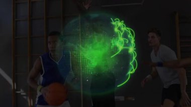 Spor salonunda, basketbol oyuncuları yeşil dijital animasyon ile alıştırma yapıyorlar. Sporcular, spor, antrenman, takım çalışması, yarışma