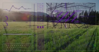 Grafiklerle dijital arayüzün animasyonu ve çimenli arazi üzerindeki veri örtüleri. Teknoloji, yenilik, fütüristik, analiz, veri görselleştirme, grafikler