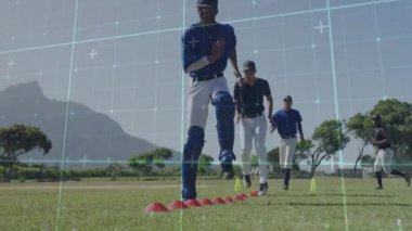 Beyzbol oyuncuları dijital şebeke animasyonu ile sahada antrenman yapıyorlar. Spor, takım çalışması, egzersiz, atletizm, teknoloji, açık hava