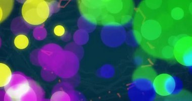 Renkli bokeh ışıklarının animasyonu koyu arkaplan üzerinde ağ deseni örtüşüyor. Soyut, dijital, aydınlık, parlayan, bağlantı, canlı