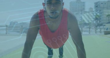 Açık havada egzersiz yapan, dijital devresi olan bir adam arka planda animasyon oluşturur. Fitness, technology, health, sports, futuristic, cardio
