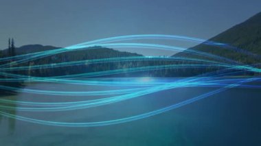 Göl ve dağ manzarası üzerinde ağ oluşturan mavi ışık izlerinin animasyonu. Teknoloji, dijital, bağlantı, fütüristik, kavram, çevre