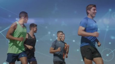 Açık havada koşmak, ağ bağlantıları olan ve veri işleme animasyon örtüsü olan insanlar. Teknoloji, bağlantı, fitness, iletişim