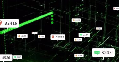 Yeşil şebeke animasyonu üzerinde dijital veri noktaları ve konum işaretleyicileri. Teknoloji, yenilik, fütüristik, bağlantı, iletişim, harita